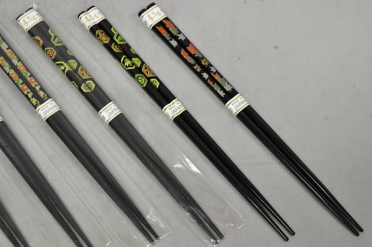 Vintage Japanese Oriental Chopsticks w/ 2 Custom Silk Gold Sleeves - 6 Pc Set