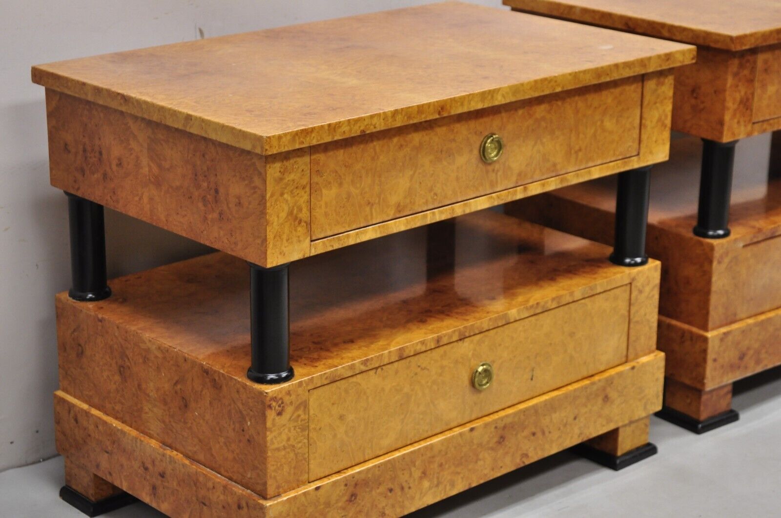 Vintage Casa Nova Italian Empire Style Burl Wood 2 Tier Nightstands - a Pair