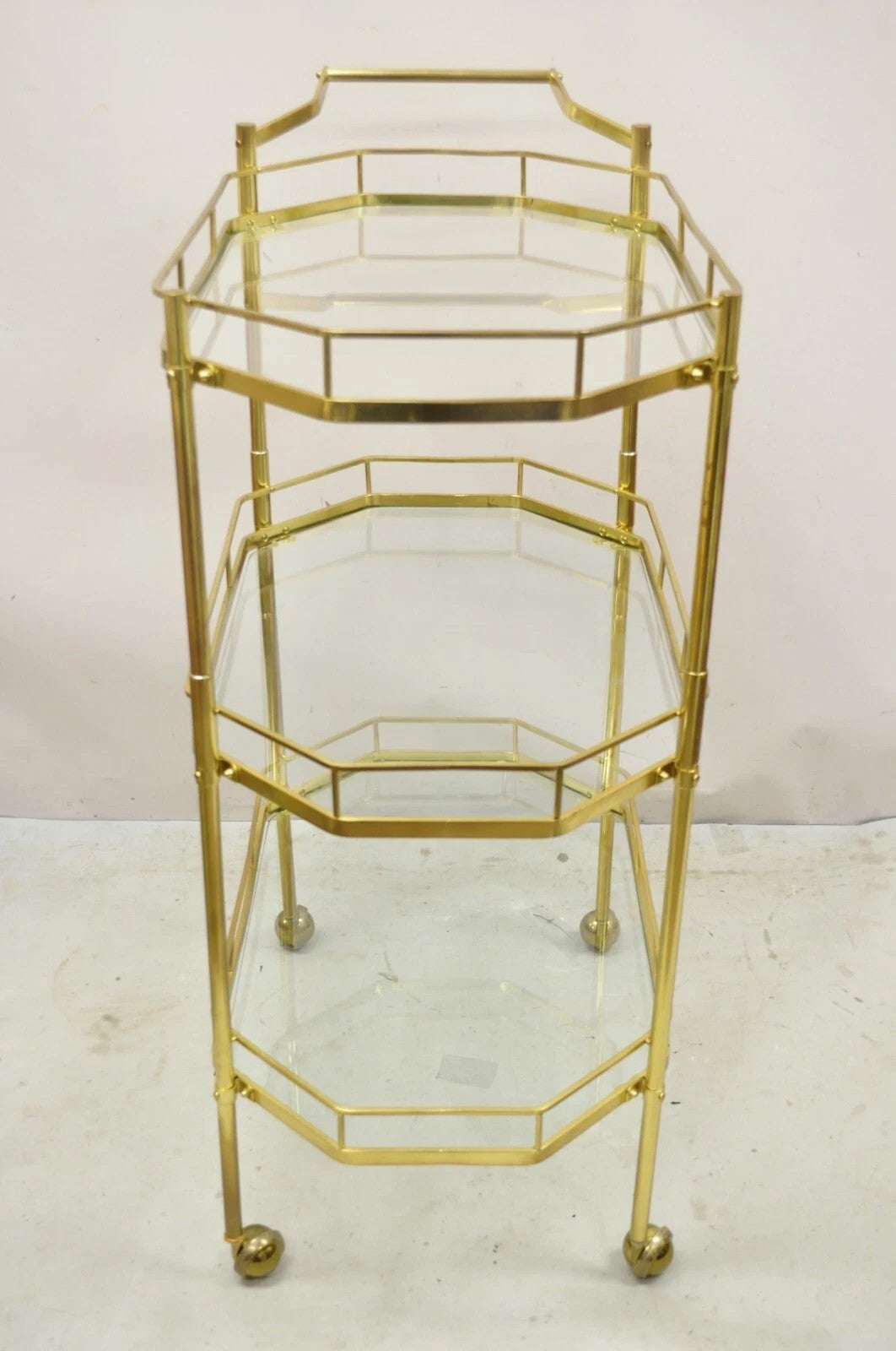 Mid Century Italian Modern Brass and Glass 3 Tier Rolling Bar Cart Serving Table