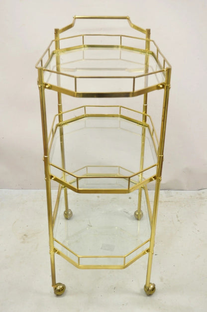 Mid Century Italian Modern Brass and Glass 3 Tier Rolling Bar Cart Serving Table