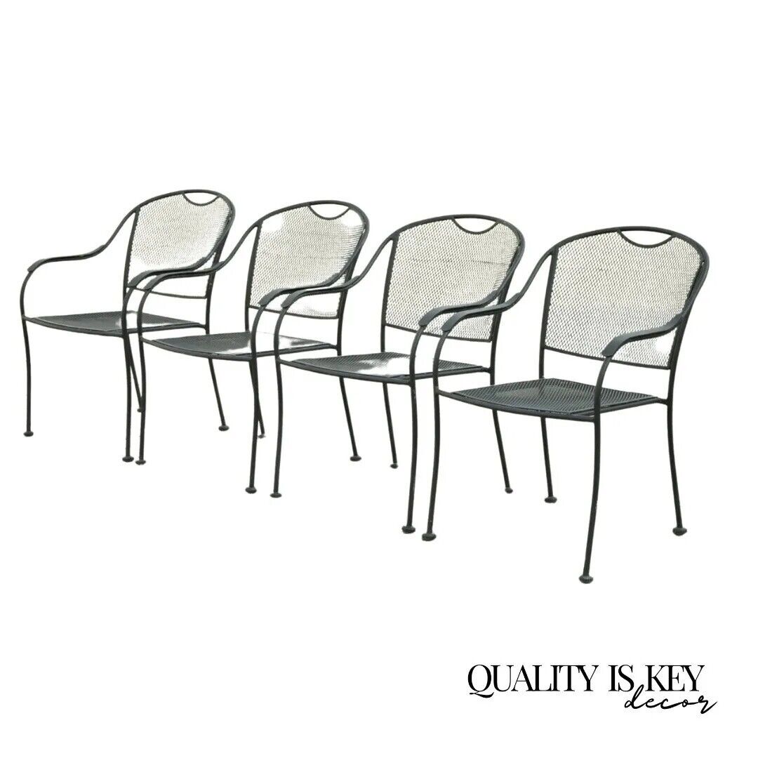 20th C Modern Wrought Iron Sculptural Black Outdoor Arm Chairs - Set of 4