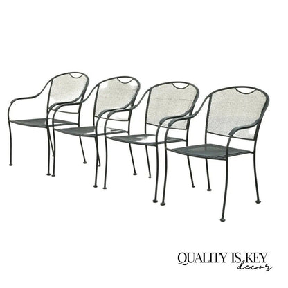 20th C Modern Wrought Iron Sculptural Black Outdoor Arm Chairs - Set of 4