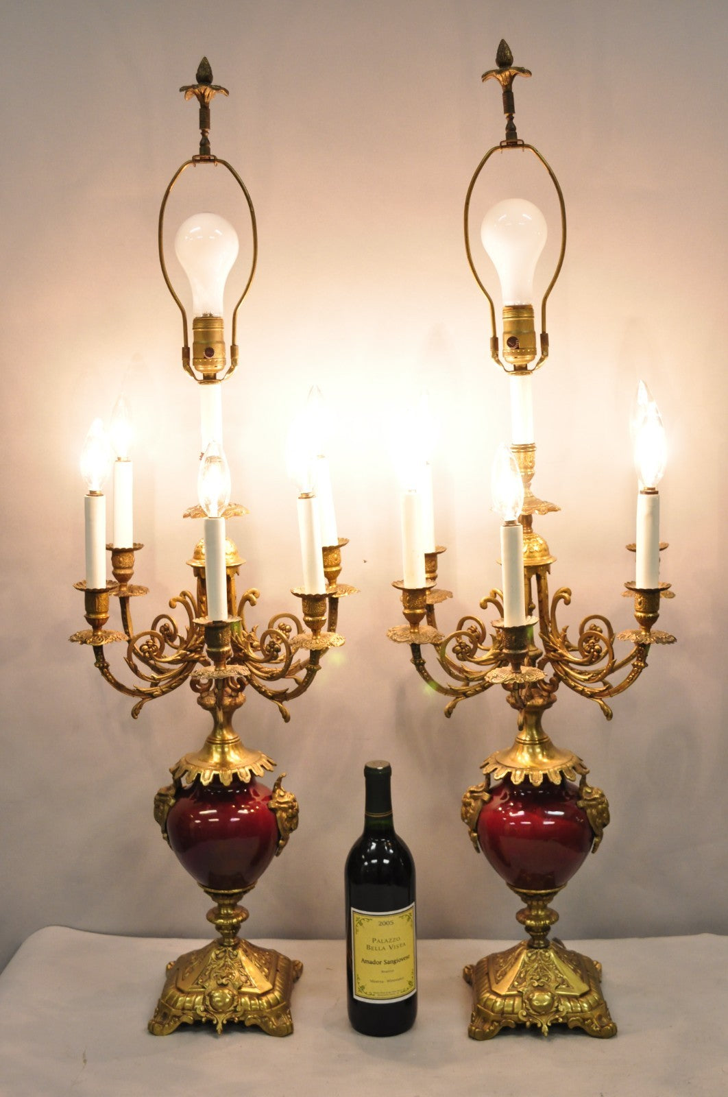 Vintage French Louis XV Style Red Porcelain Brass Candelabra Table Lamps - Pair