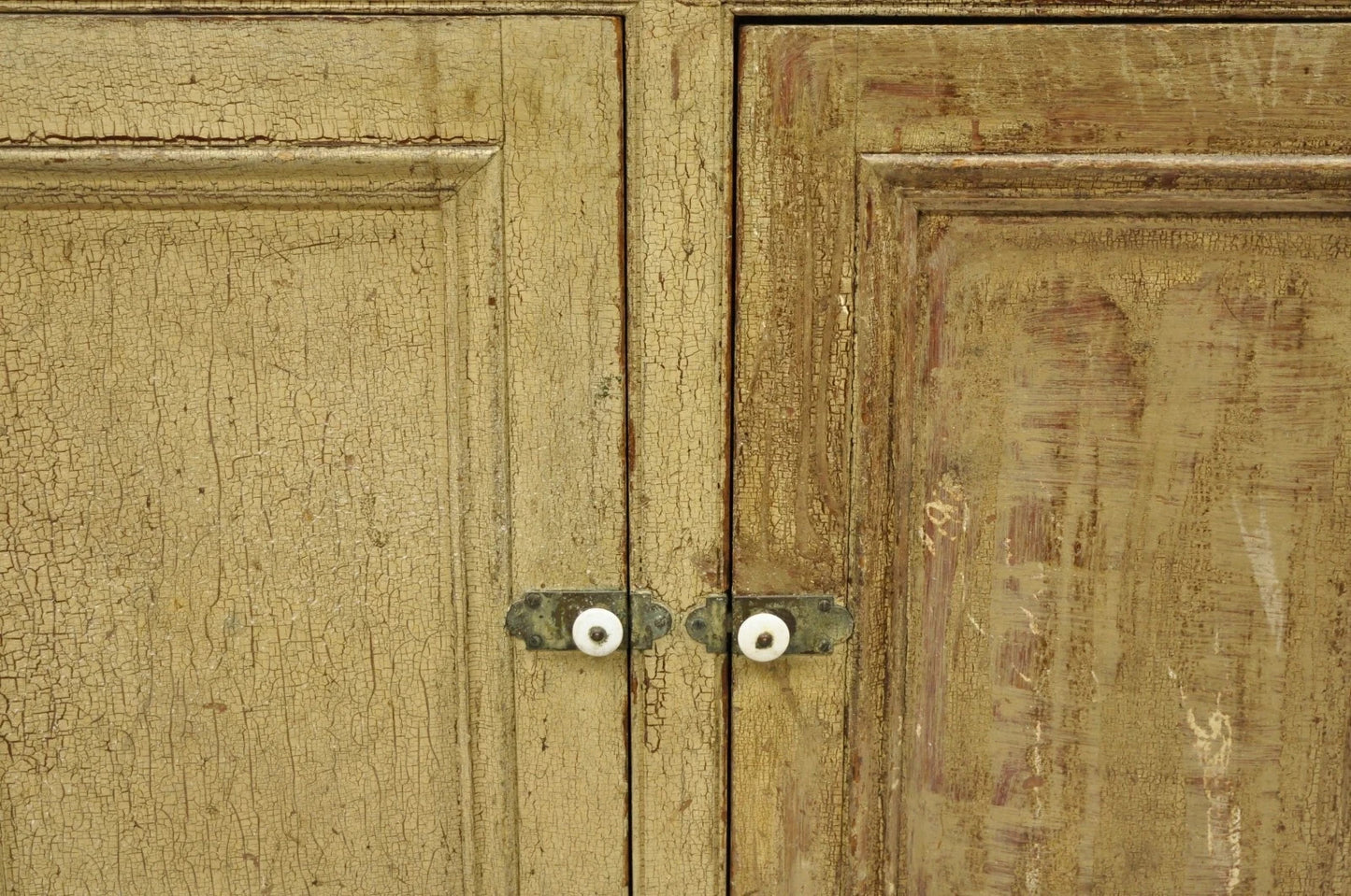 Antique French Country Farmhouse Beige Distressed Paint Kitchen Cupboard Cabinet