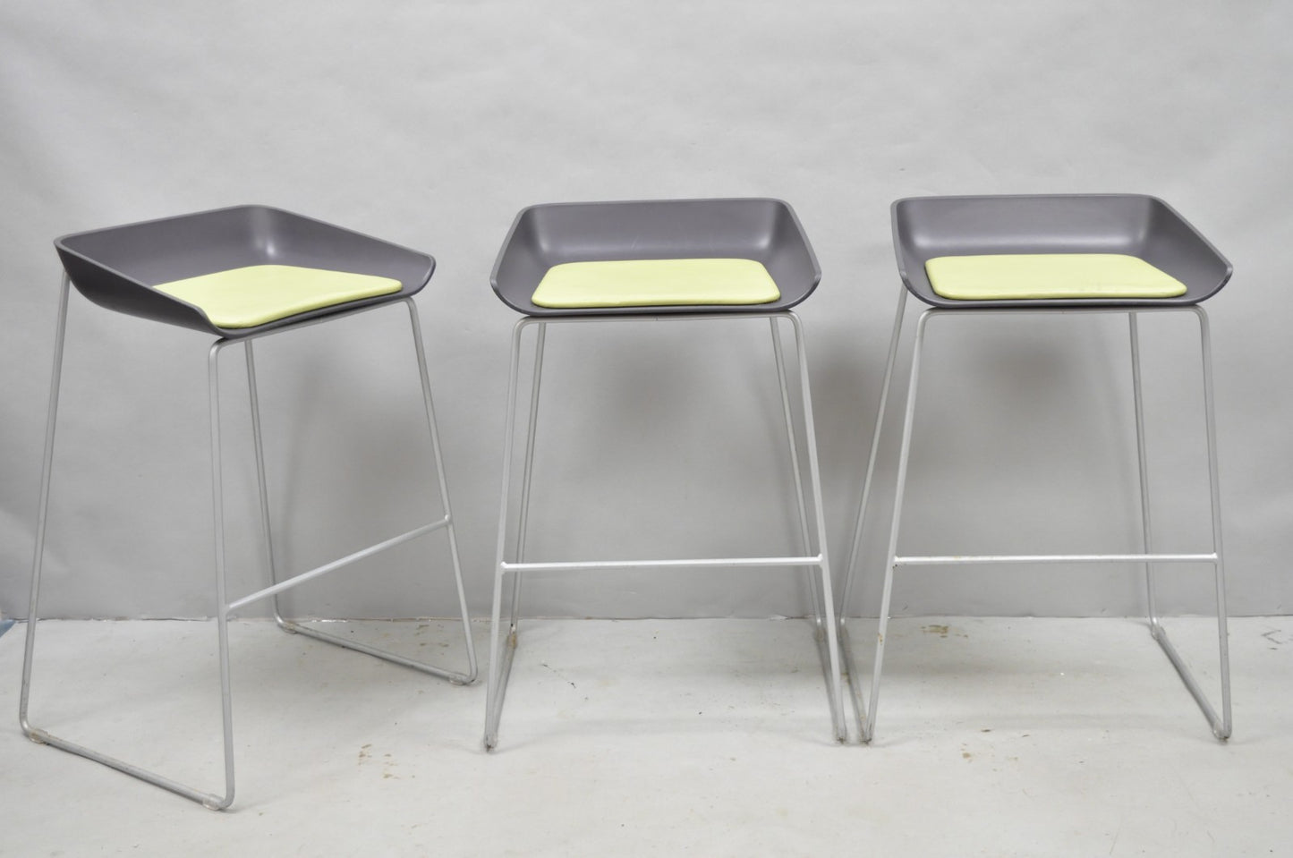 Turnstone by Steelcase Metal Scoop Barstool Stool w/ Green Cushion - Set of 3
