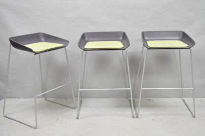 Turnstone by Steelcase Metal Scoop Barstool Stool w/ Green Cushion - Set of 3
