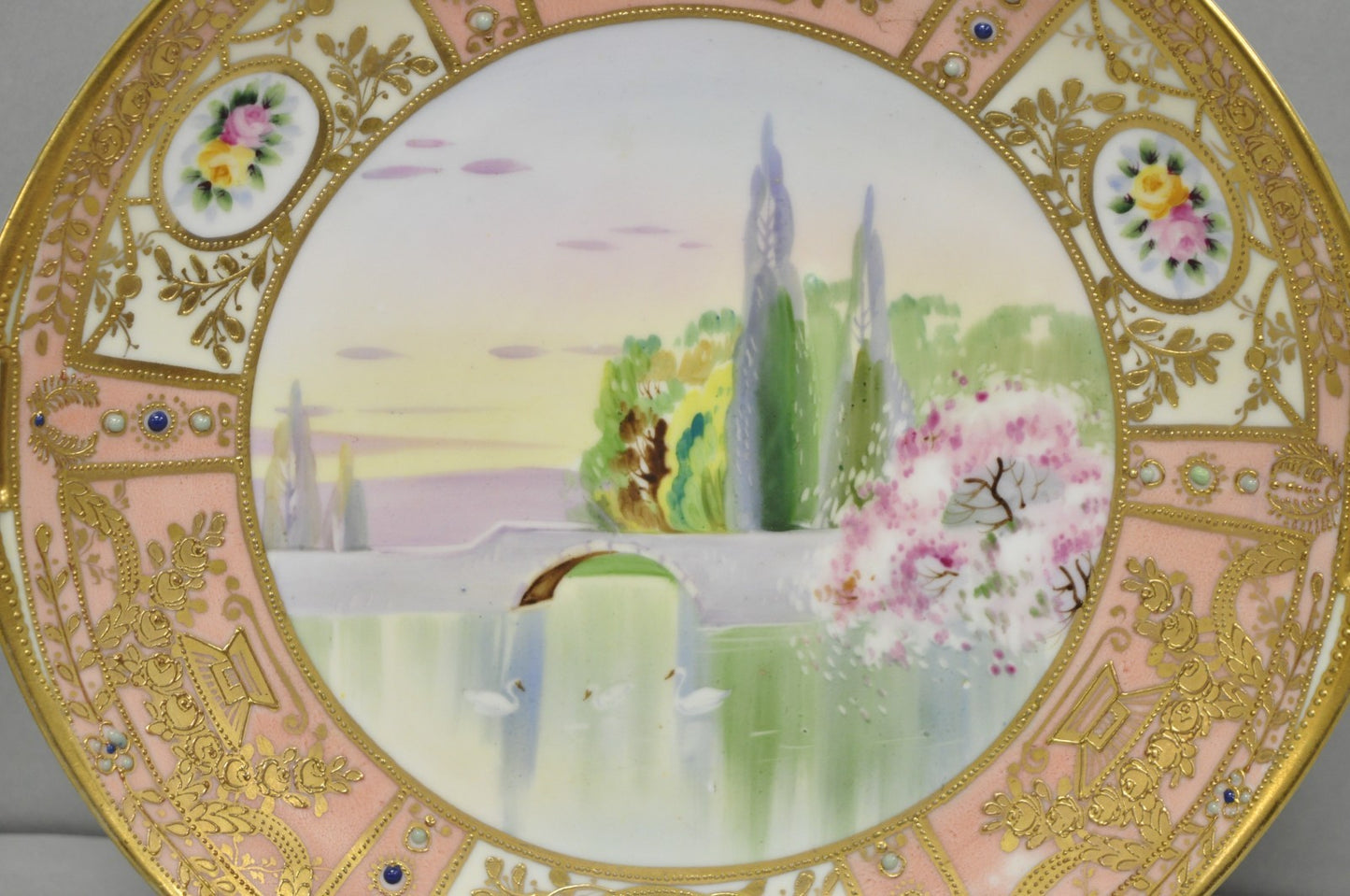 Antique Nippon Hand Painted Porcelain Gold Gilt Swan & Lake Scene Cabinet Plate