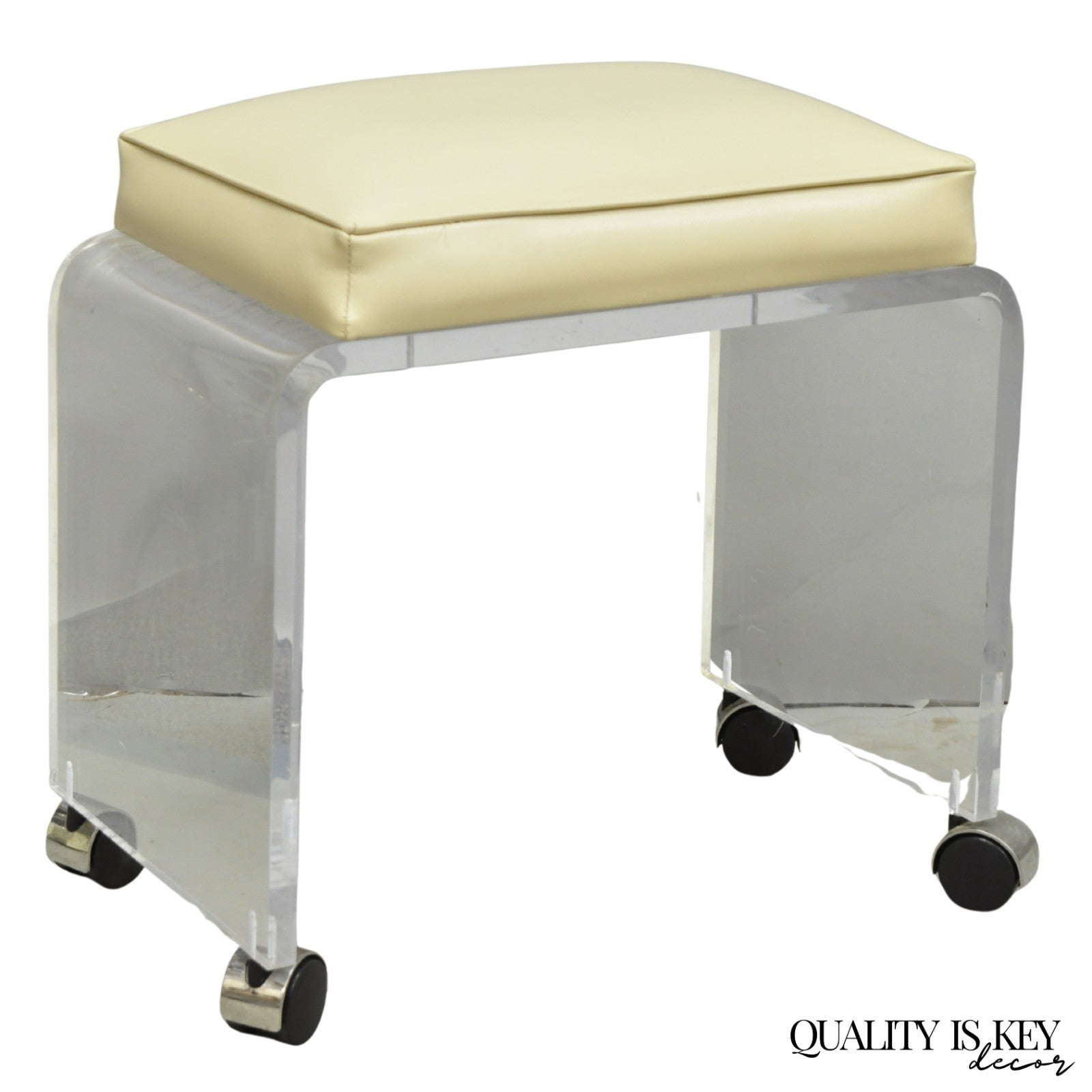 Vintage Mid Century Modern Clear Lucite Waterfall Vanity Bench Stool on Wheels