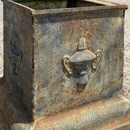 Vintage Neoclassical Style Green Cast Iron Garden Planter Urn Pedestal Base Pair