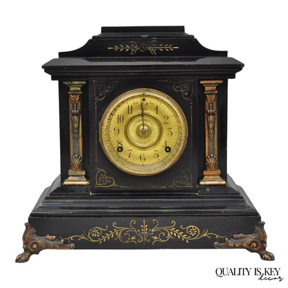 Antique Ansonia Black Mantel Clock with Bronze Coated Columns and Claw Feet