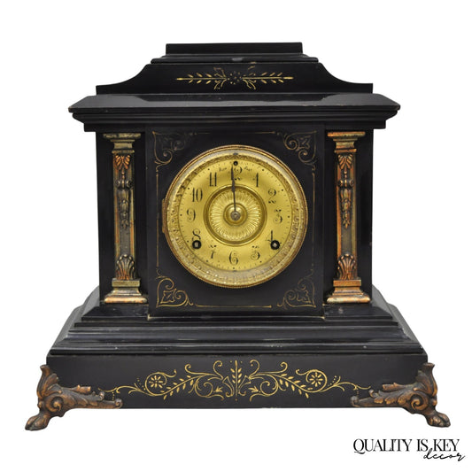Antique Ansonia Black Mantel Clock with Bronze Coated Columns and Claw Feet