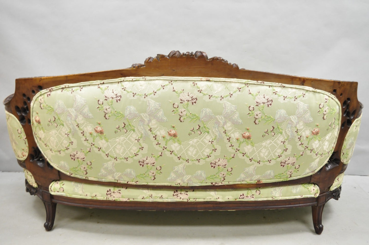 Antique Italian Renaissance Carved Walnut French Victorian Rams Head Green Sofa