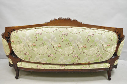 Antique Italian Renaissance Carved Walnut French Victorian Rams Head Green Sofa