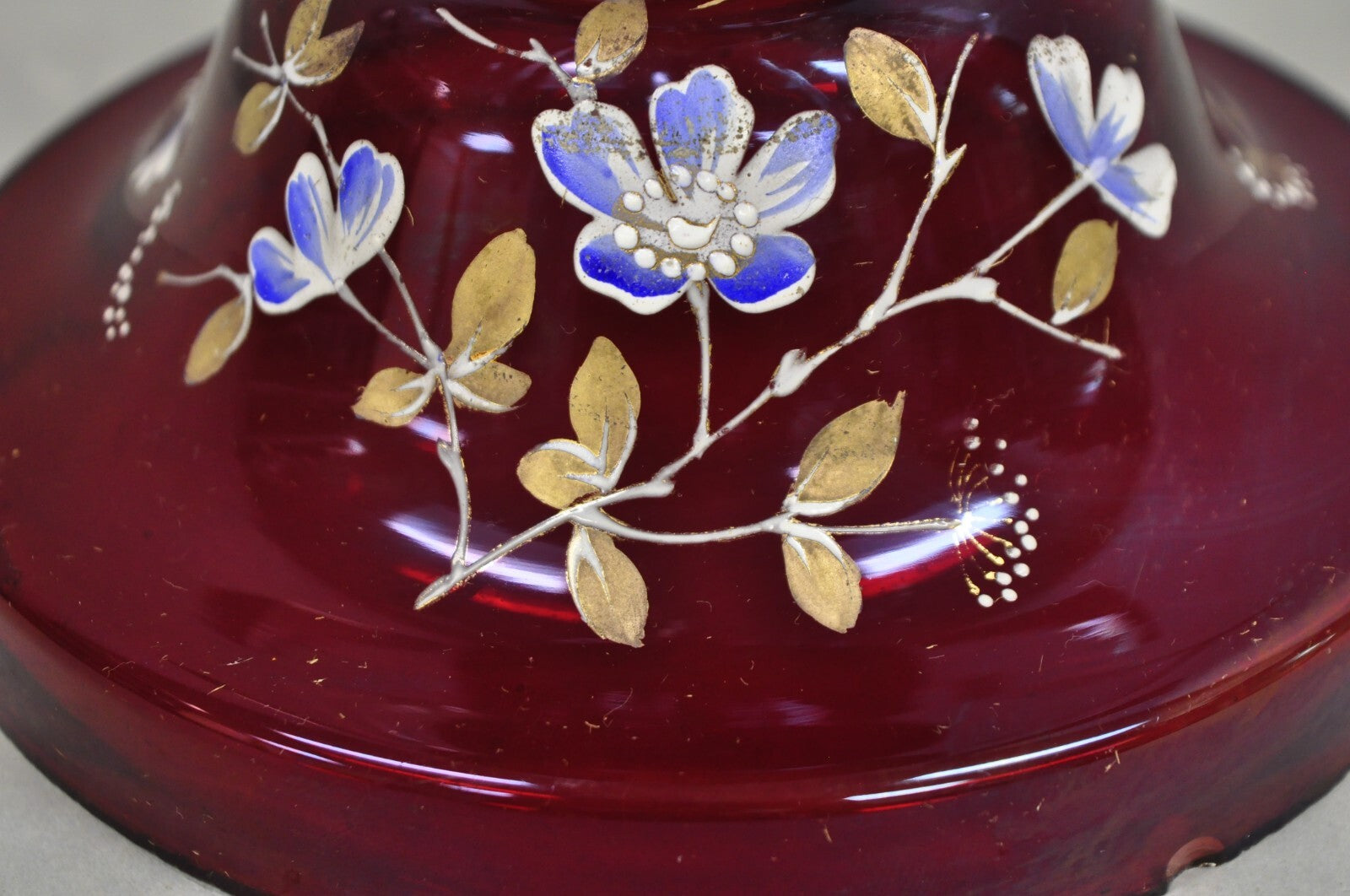Antique Victorian Cranberry Glass Hand Painted Mantel Lustre Vase with Crystals