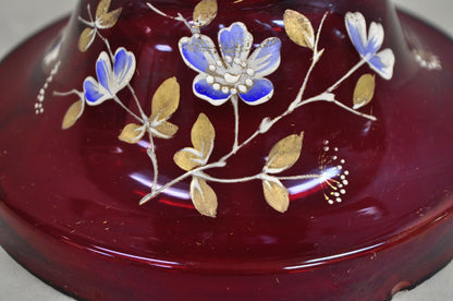 Antique Victorian Cranberry Glass Hand Painted Mantel Lustre Vase with Crystals