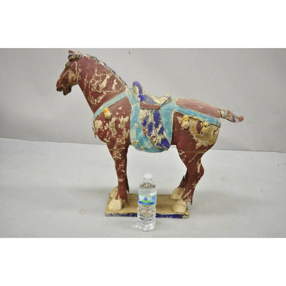 Chinese Polychrome Wooden Carved Wood 28" Tang Horse Sculpture Statue Red Blue