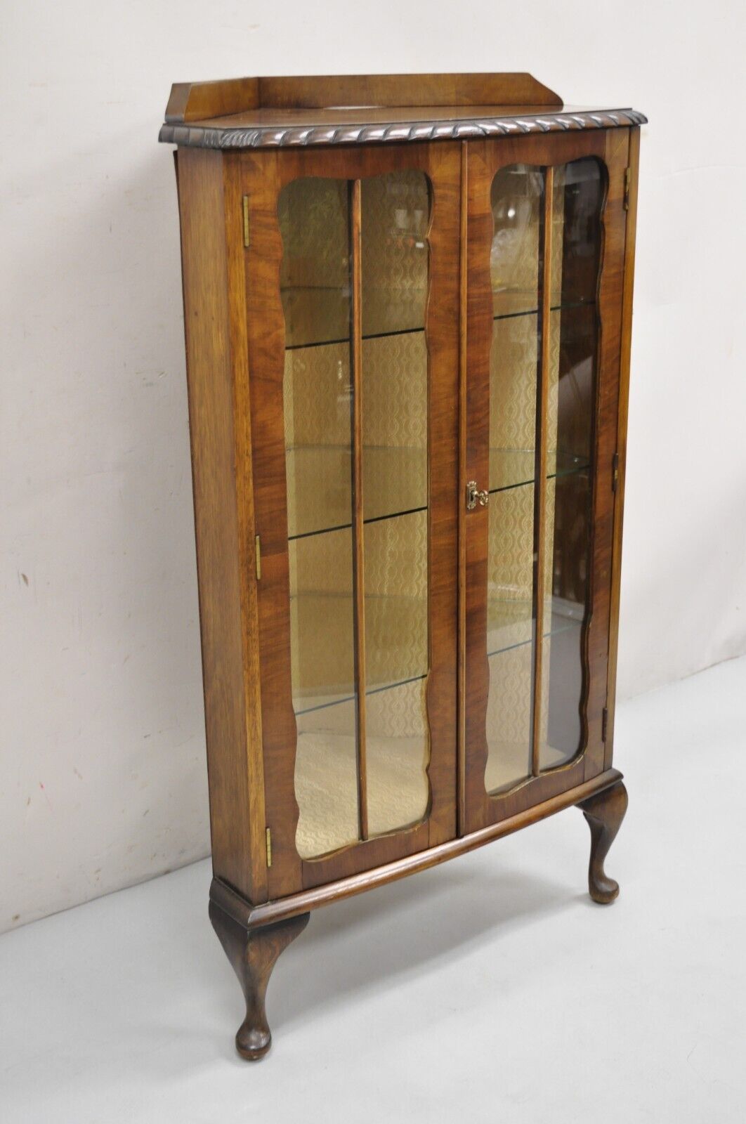 Antique German Art Deco Burl Walnut 2 Door Small Corner Curio Display Cabinet