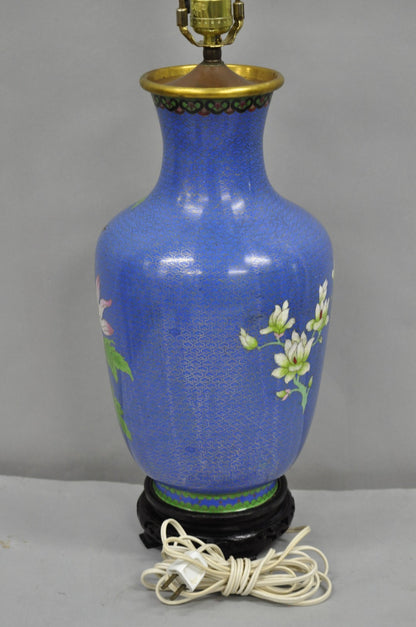 Vintage Chinoiserie Blue Cloisonné Enamel Oriental Brass Satsuma Vase Table Lamp