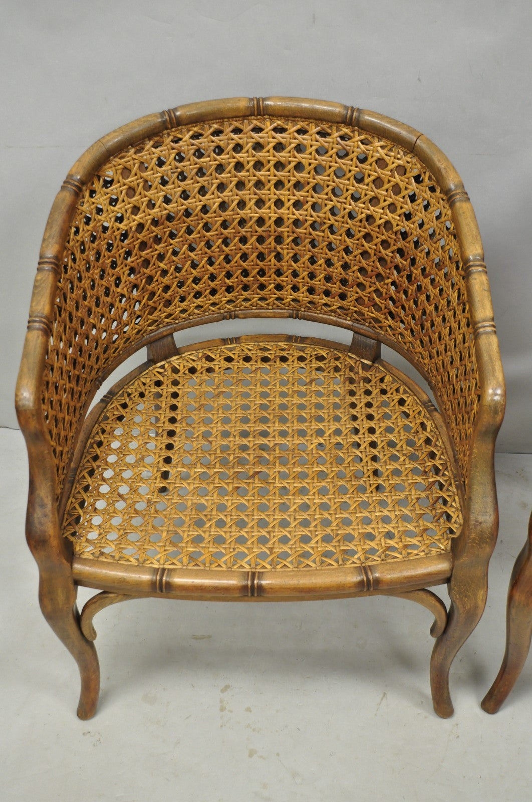 Vintage Hollywood Regency Faux Bamboo Wood & Cane Barrel Back Lounge Chair, Pair