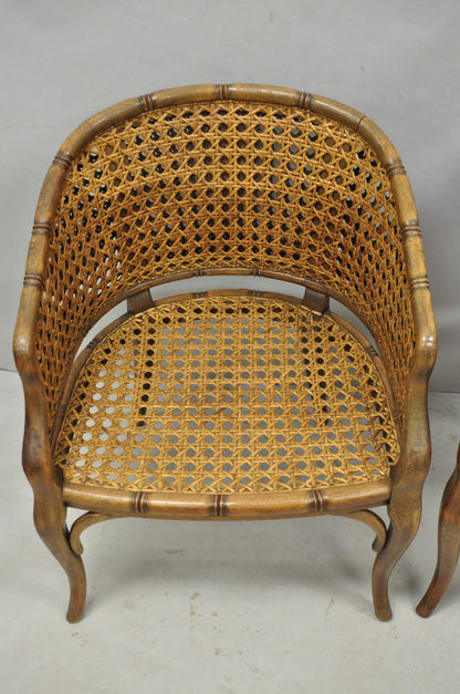 Vintage Hollywood Regency Faux Bamboo Wood & Cane Barrel Back Lounge Chair, Pair