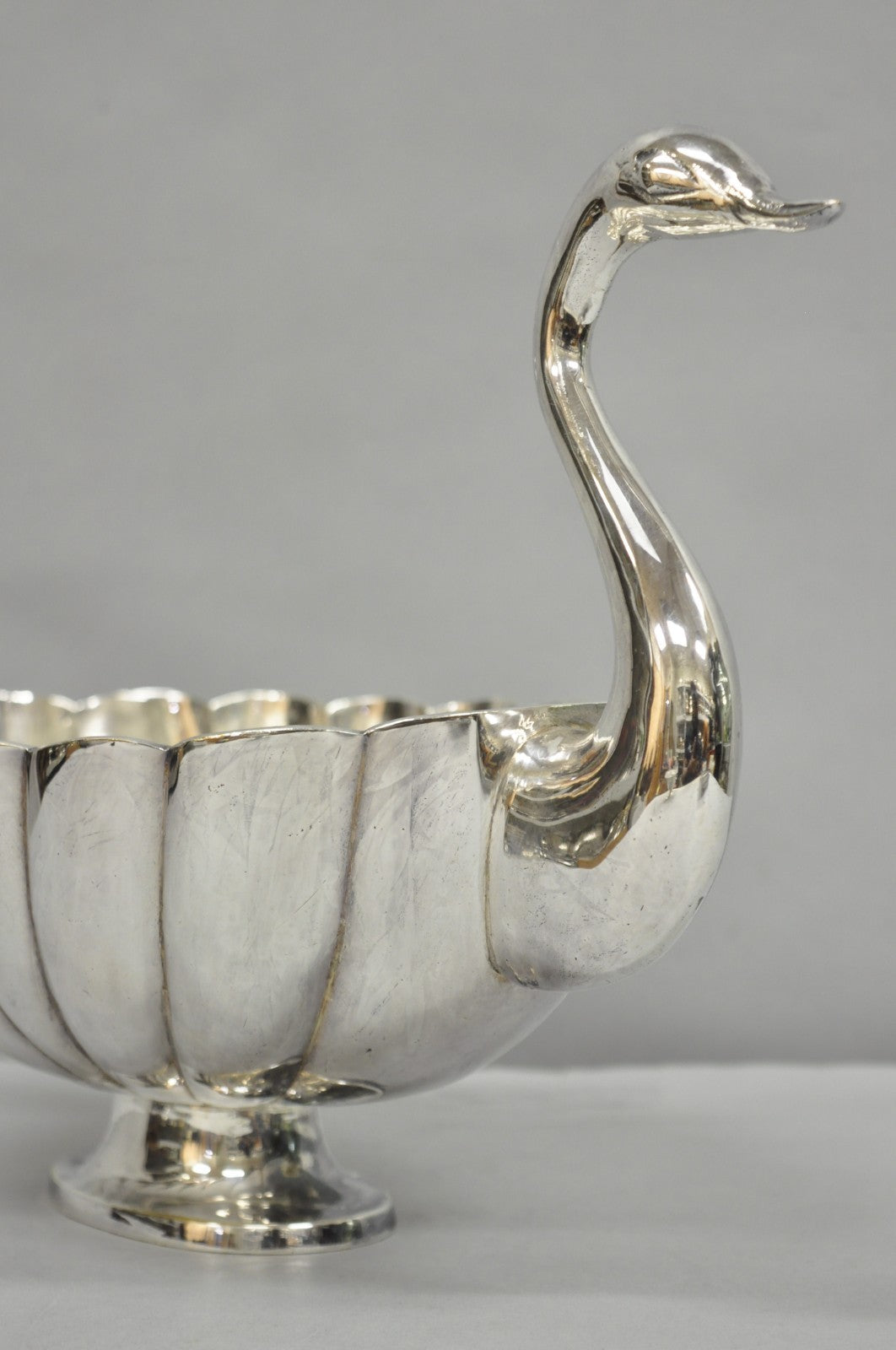Vintage Italian Regency Silver Plated Figural Double Swan Bird Oval Fruit Bowl