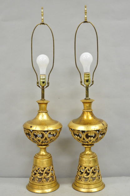 Vintage Italian Hollywood Regency Gold Gilt Iron Metal Fretwork Table Lamps Pair