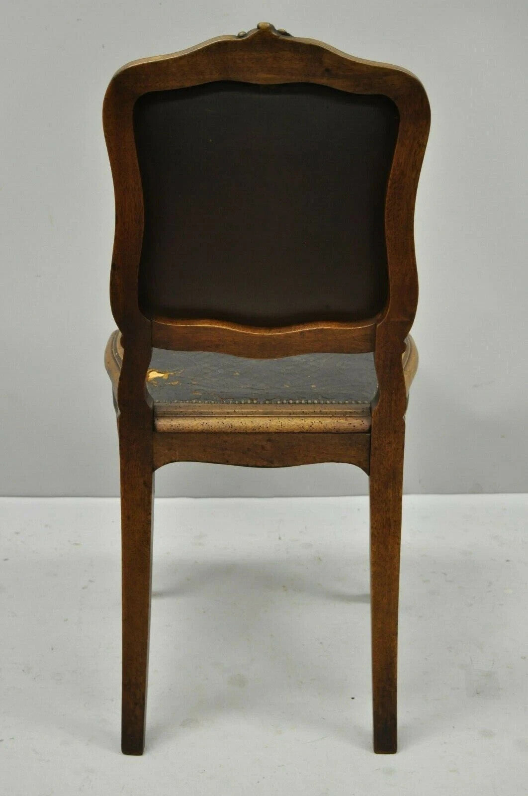 Antique French Louis XV Style Brown Embossed Leather Walnut Dining Side Chair A