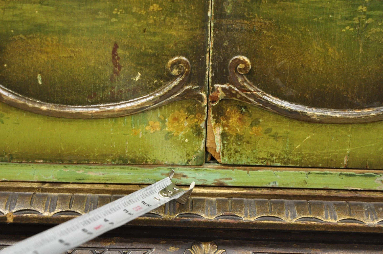 Antique French Renaissance Green Distress Painted Radio Cabinet Bar Cupboard