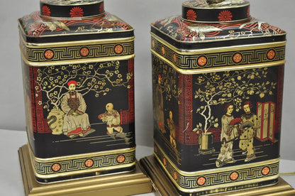 Vintage Chinoiserie Tole Metal Square English Tea Canister Table Lamps - a Pair