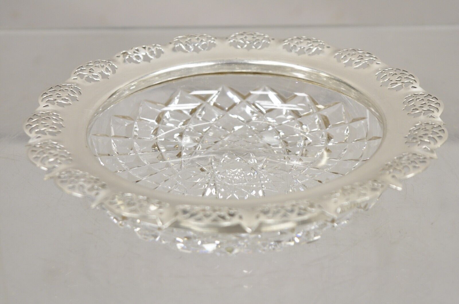 Antique English Victorian Cut Crystal Silver Plated Gallery Ashtray Trinket Dish