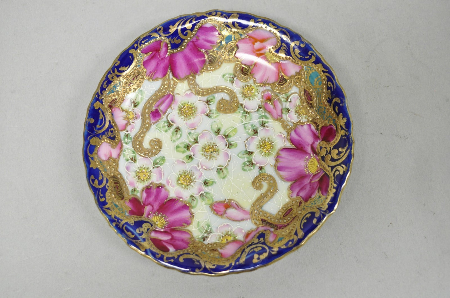 Antique Victorian Teacup & Saucer Cobalt Blue & Roses w/ Draped Gold Trim