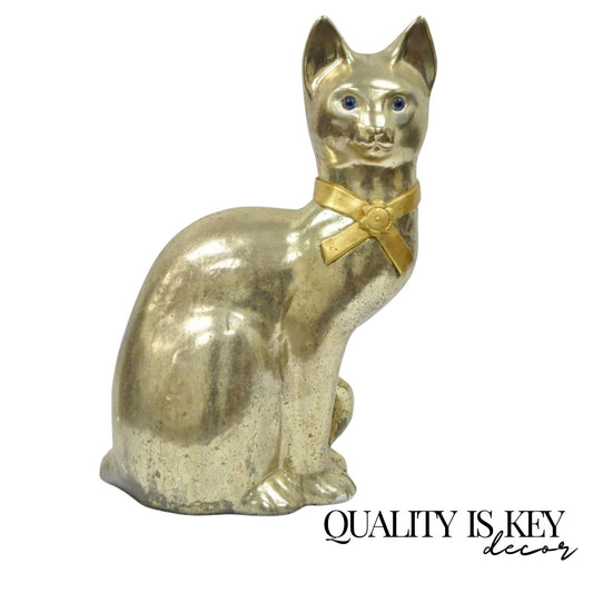 Vintage Hollywood Regency Silver & Gold Ceramic Cat Statue Figure