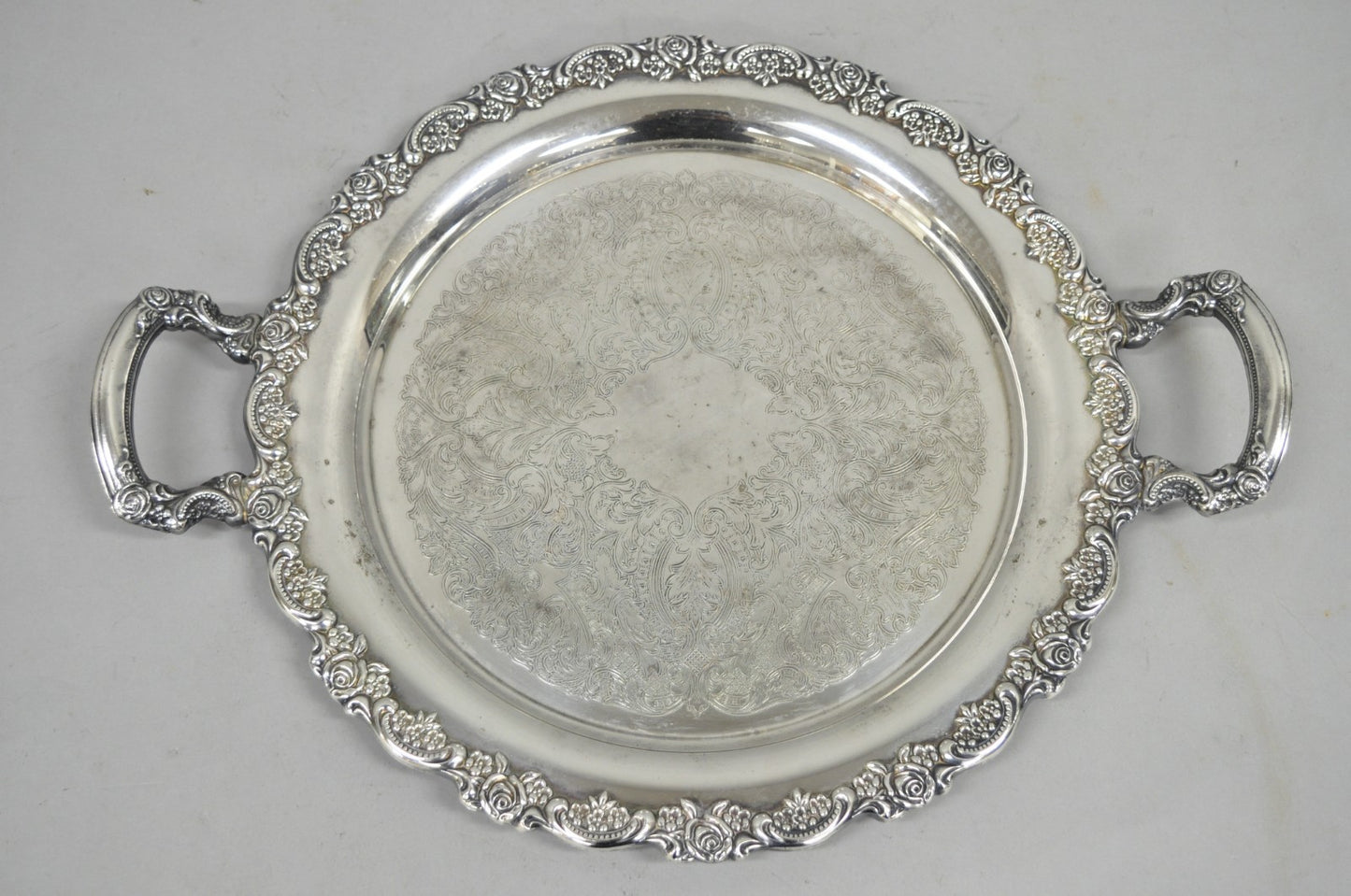 Vintage Oneida Victorian Silver Plated Twin Handle Round Bar Serving Tray