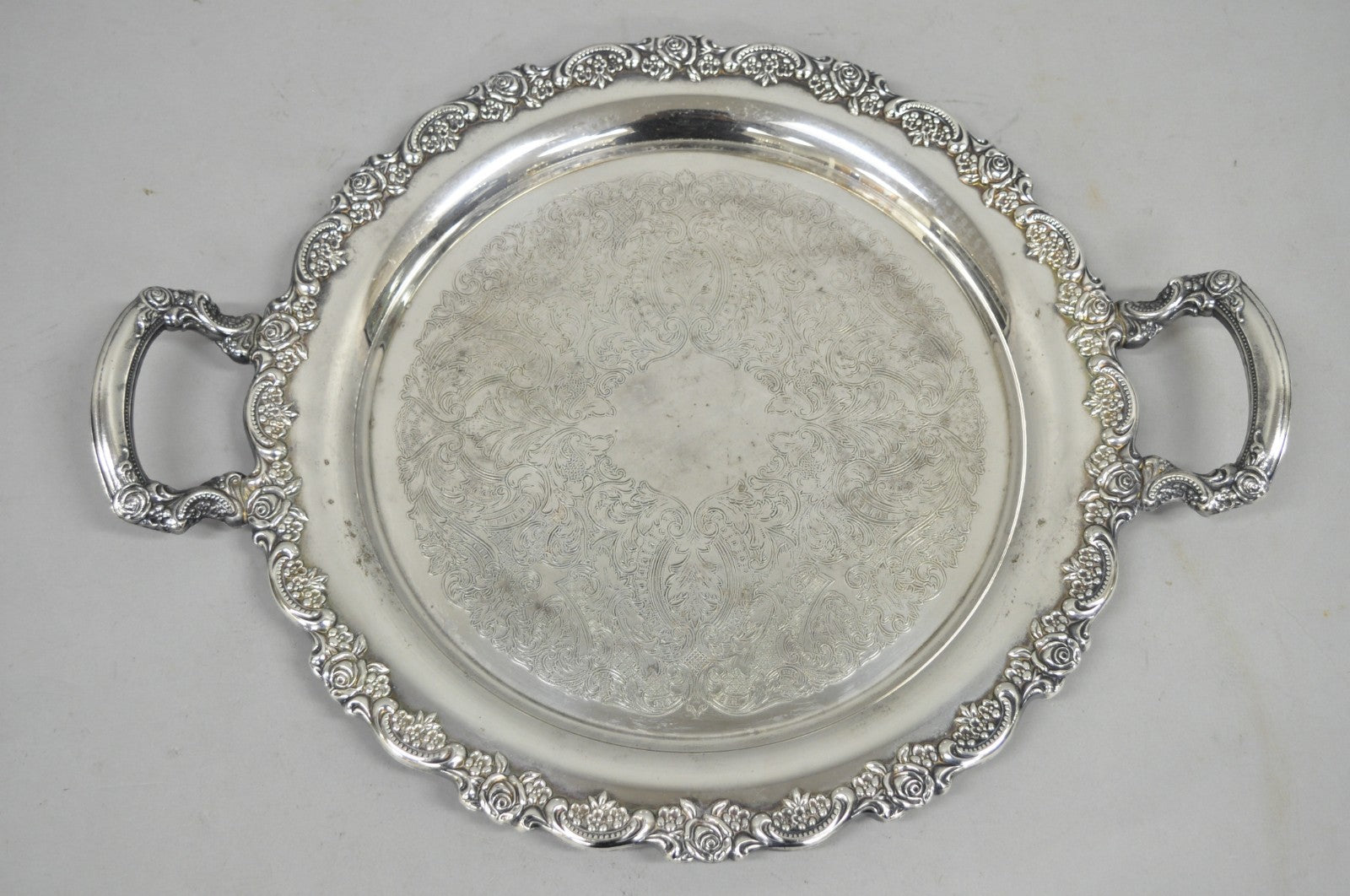 Vintage Oneida Victorian Silver Plated Twin Handle Round Bar Serving Tray