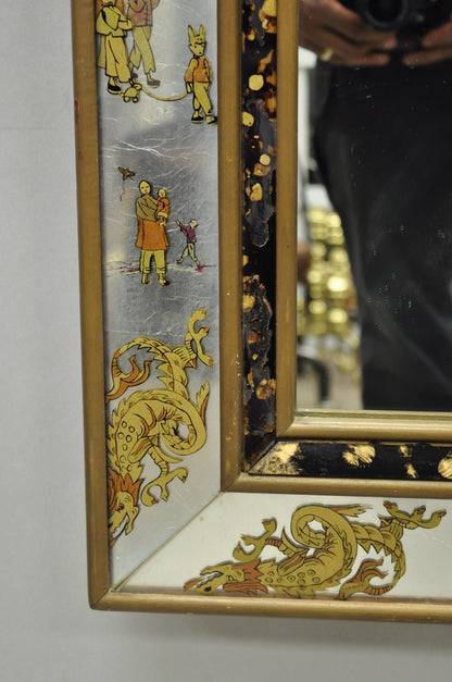 Vintage Chinoiserie Figural Eglomise Reverse Painted Oriental Wall Mirror