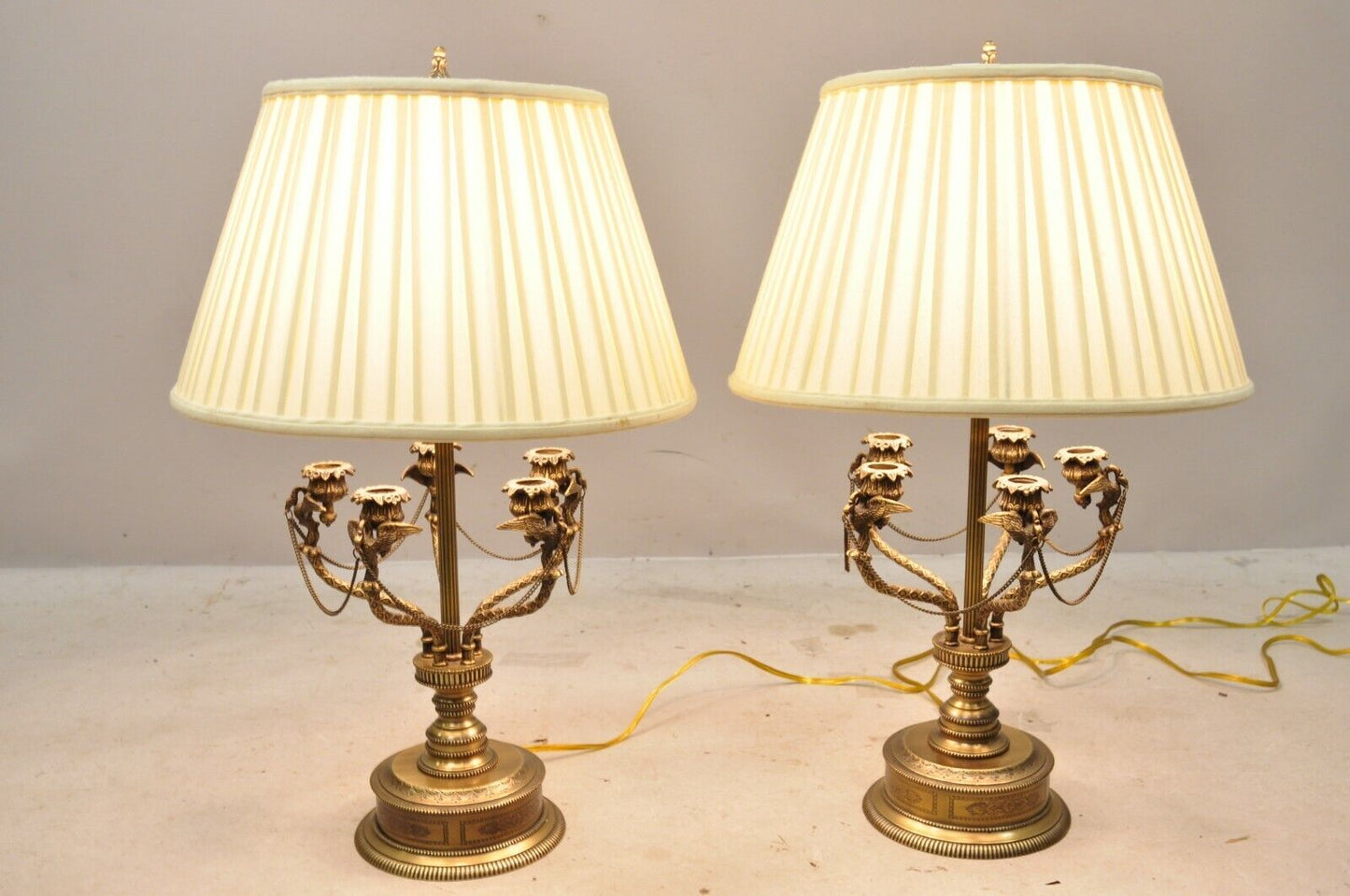 French Empire Style Brass Figural Bird Swan Candelabra Table Lamps - a Pair