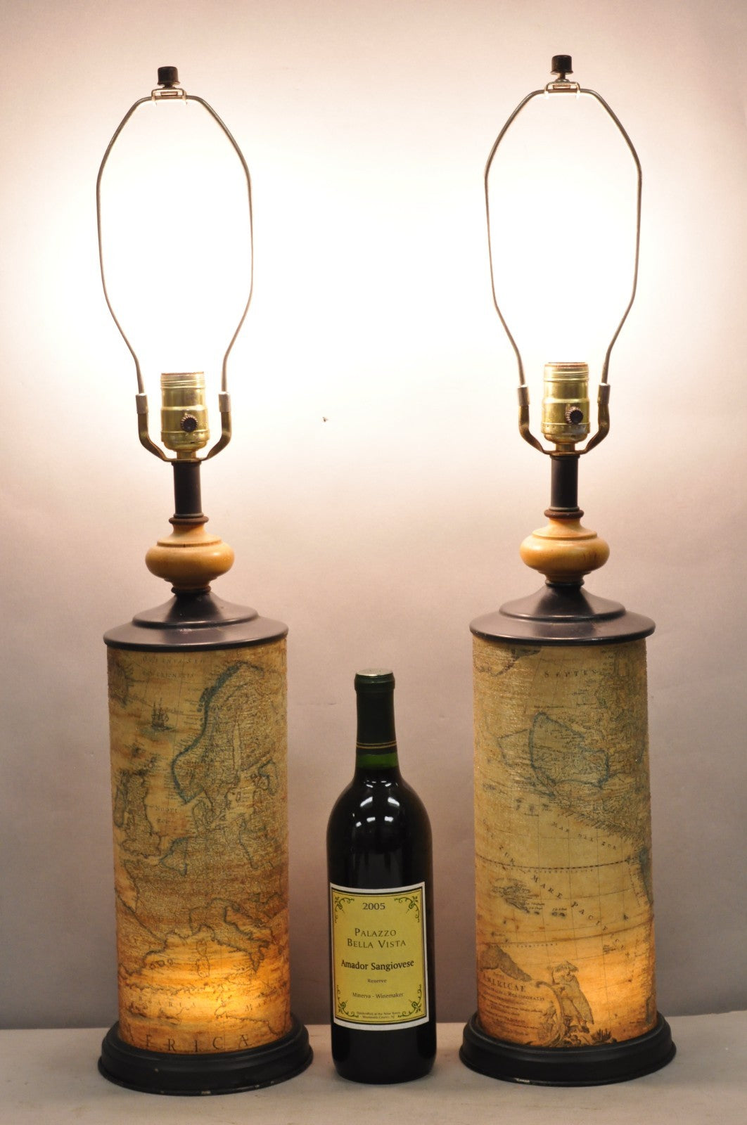 Vintage Regency Style European Old World Map Wrapped Cylinder Table Lamps - Pair