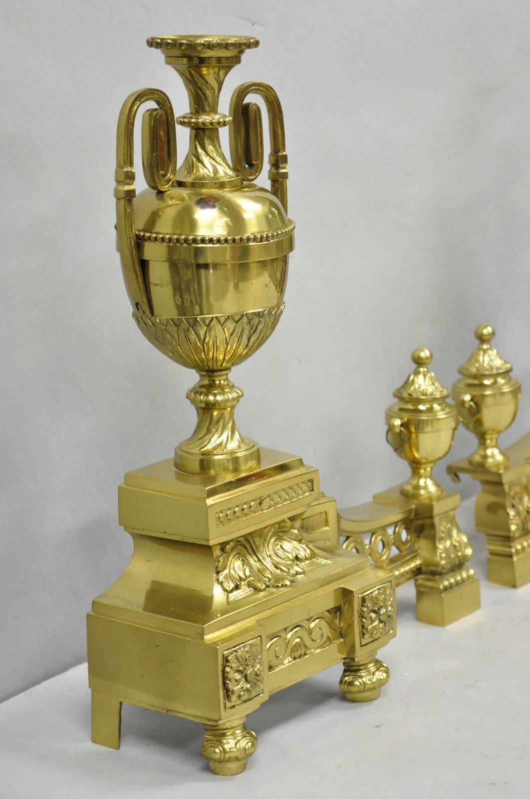 Vintage French Empire Style Gold Brass Urn Fireplace Chenet Andirons - a Pair
