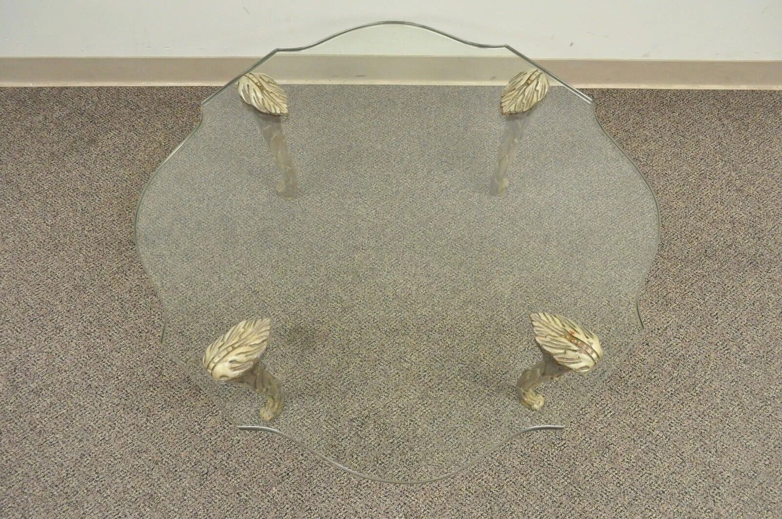 Vintage Hollywood Regency Carved Wood Faux Bois Legs Glass Top Coffee Table