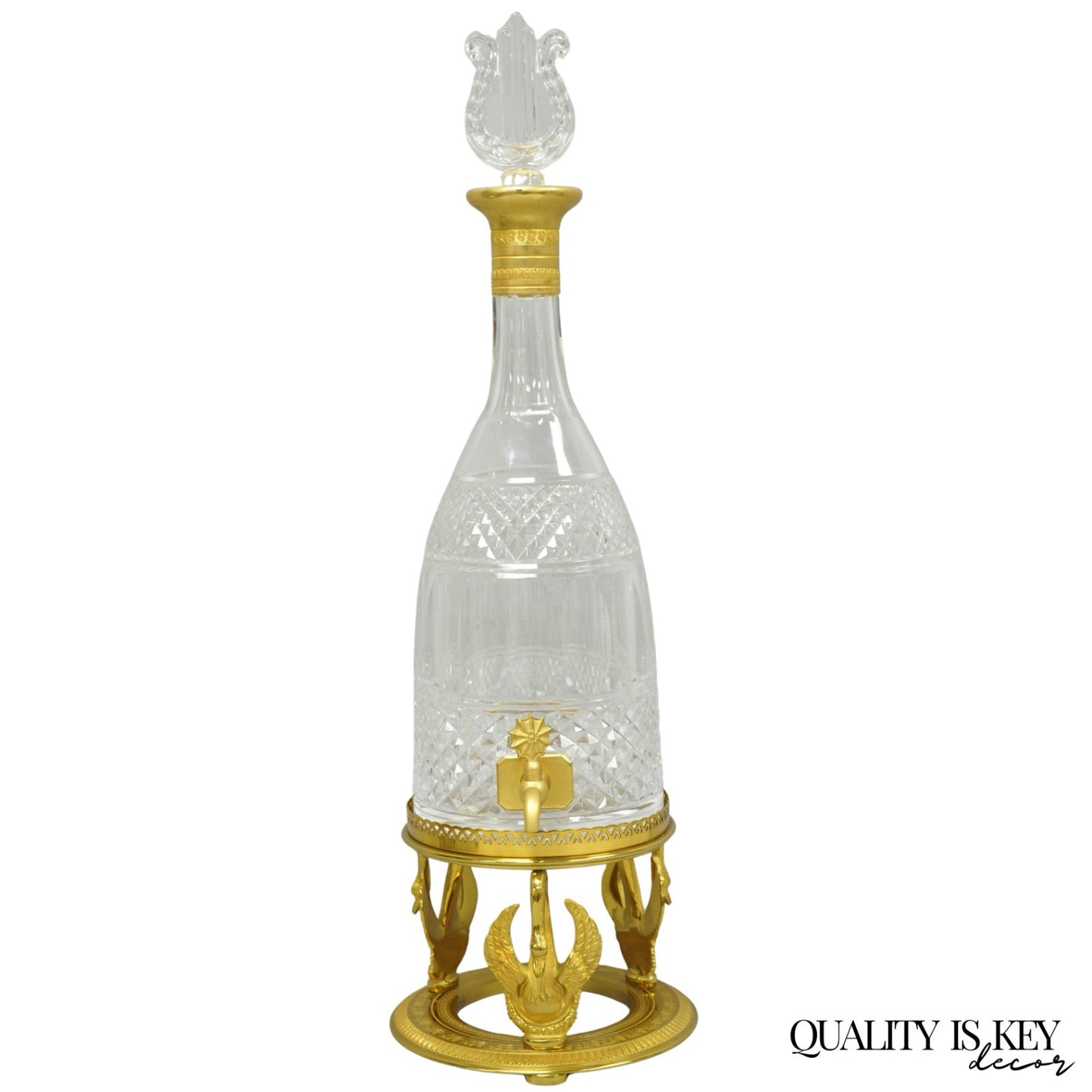 Vintage French Baccarat Style Bronze Swan & Cut Crystal Glass Liquor Decanter