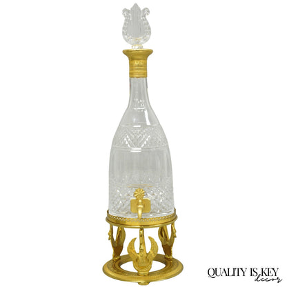 Vintage French Baccarat Style Bronze Swan & Cut Crystal Glass Liquor Decanter