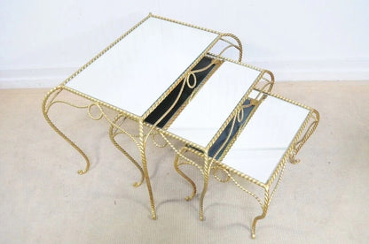Vintage Italian Hollywood Regency Gold Rope Mirror Top 3 Pc Nesting Side Tables