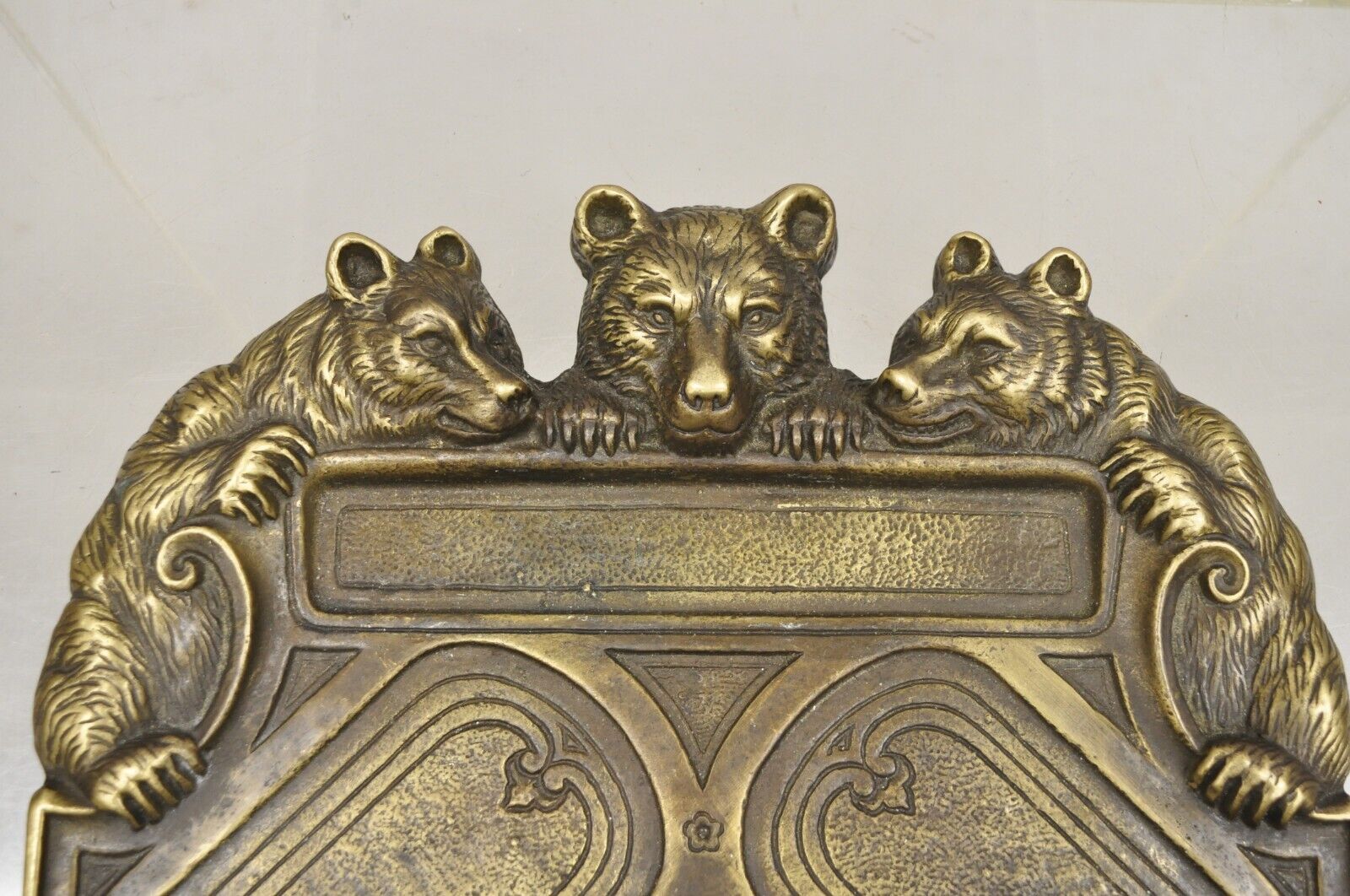 Antique Brass Bronze Black Forest Figural 3 Bears Desk Pen Tray Trinket Holder