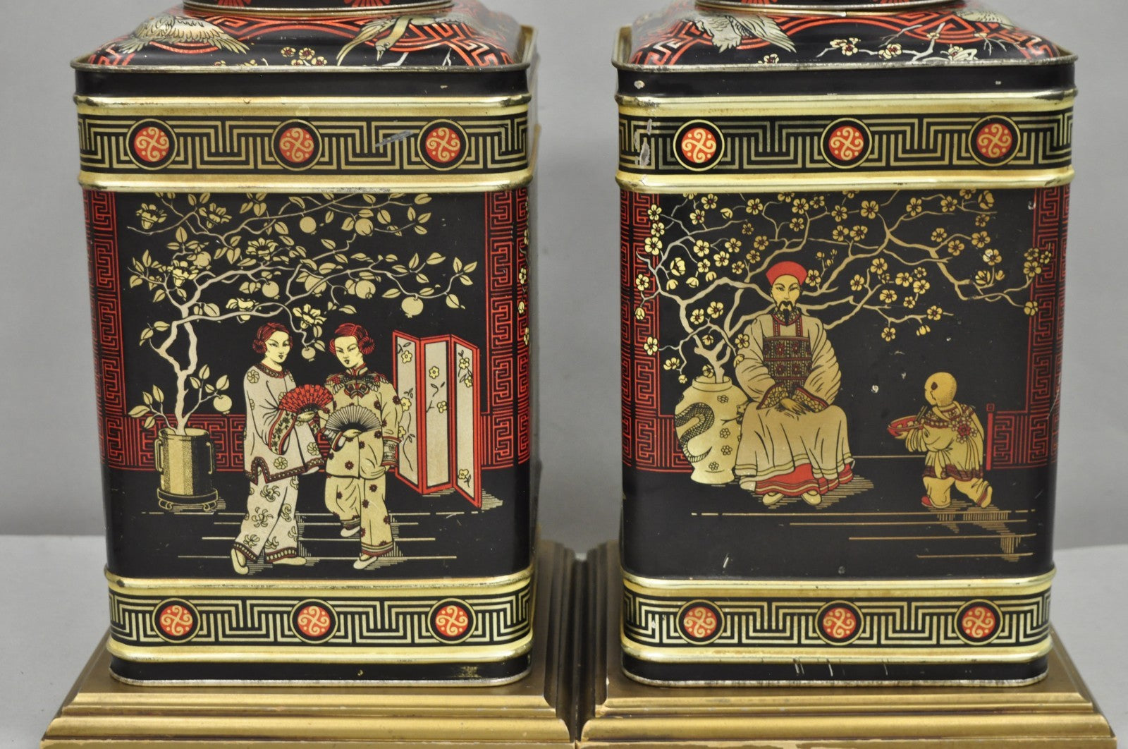 Vintage Chinoiserie Tole Metal Square English Tea Canister Table Lamps - a Pair