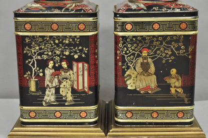 Vintage Chinoiserie Tole Metal Square English Tea Canister Table Lamps - a Pair