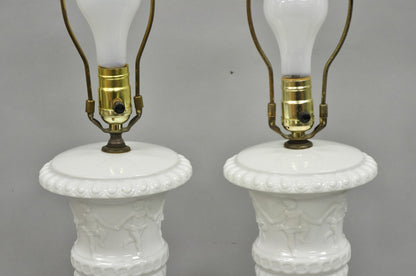 Vintage Italian Neoclassical White Porcelain Urn Table Lamps w/ Cherubs - a Pair
