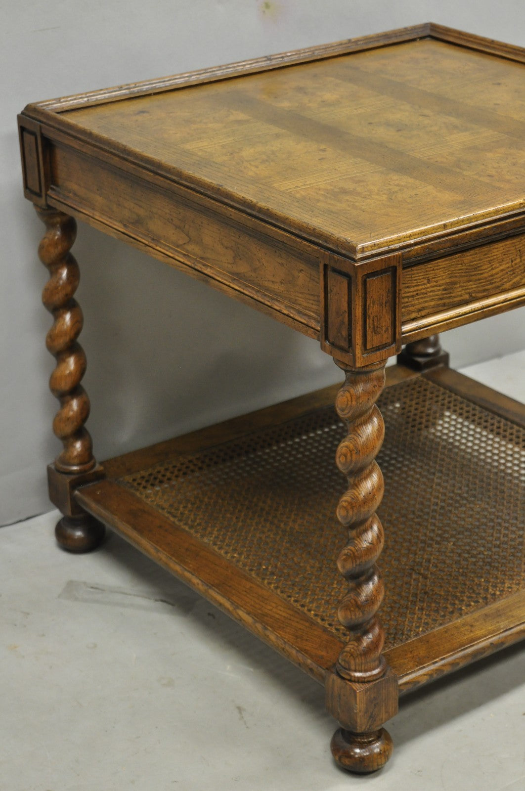 Vintage Baker Barley Twist Oak & Burlwood Parquetry Inlay Square Lamp Side Table