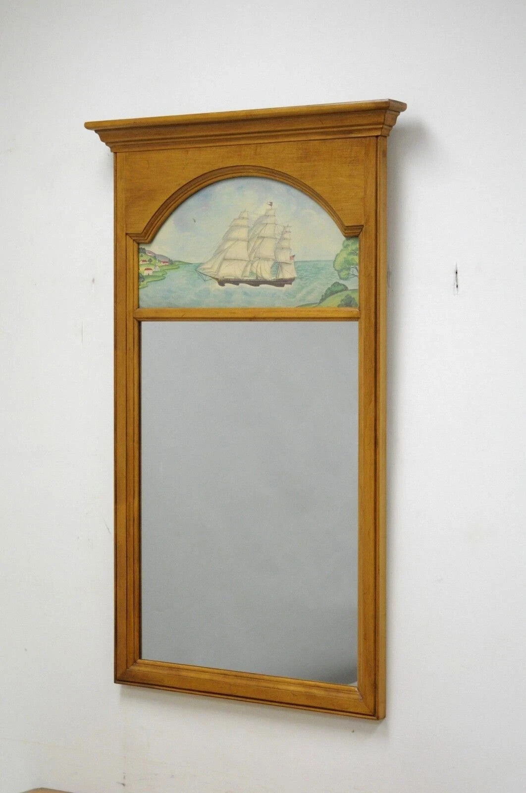 Conant Ball Colonial Maple Wood Console Cabinet Table w Clipper Ship Wall Mirror