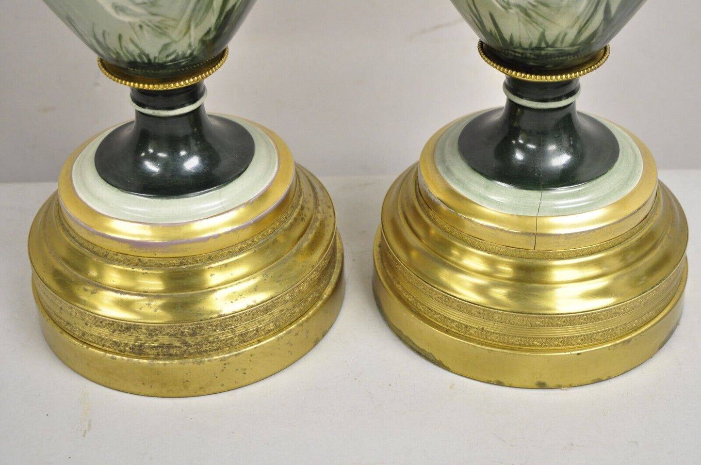 Antique French Hand Painted Porcelain "Cranes" Bird Green Urn Table Lamps - Pair