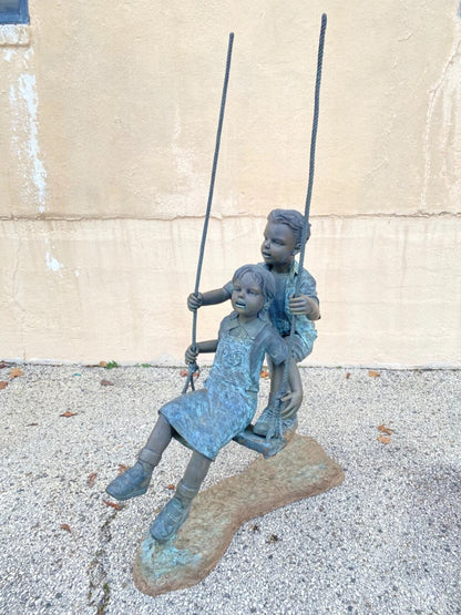 Large Bronze Boy and Girl Children Swinging Garden Outdoor Statue Sculpture